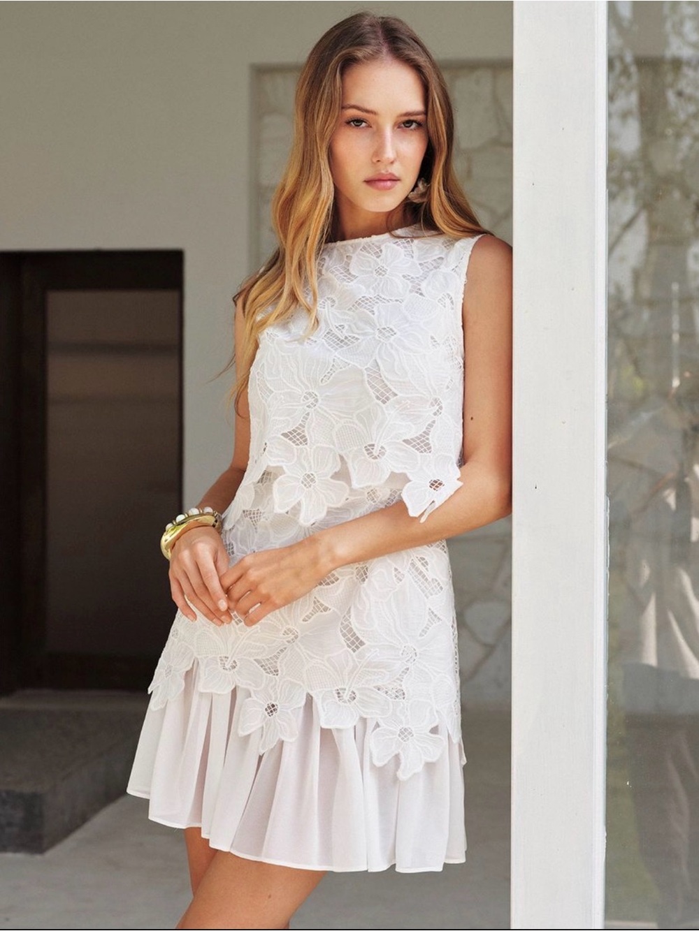 Commense White Floral Lace Tiered Mini Dress